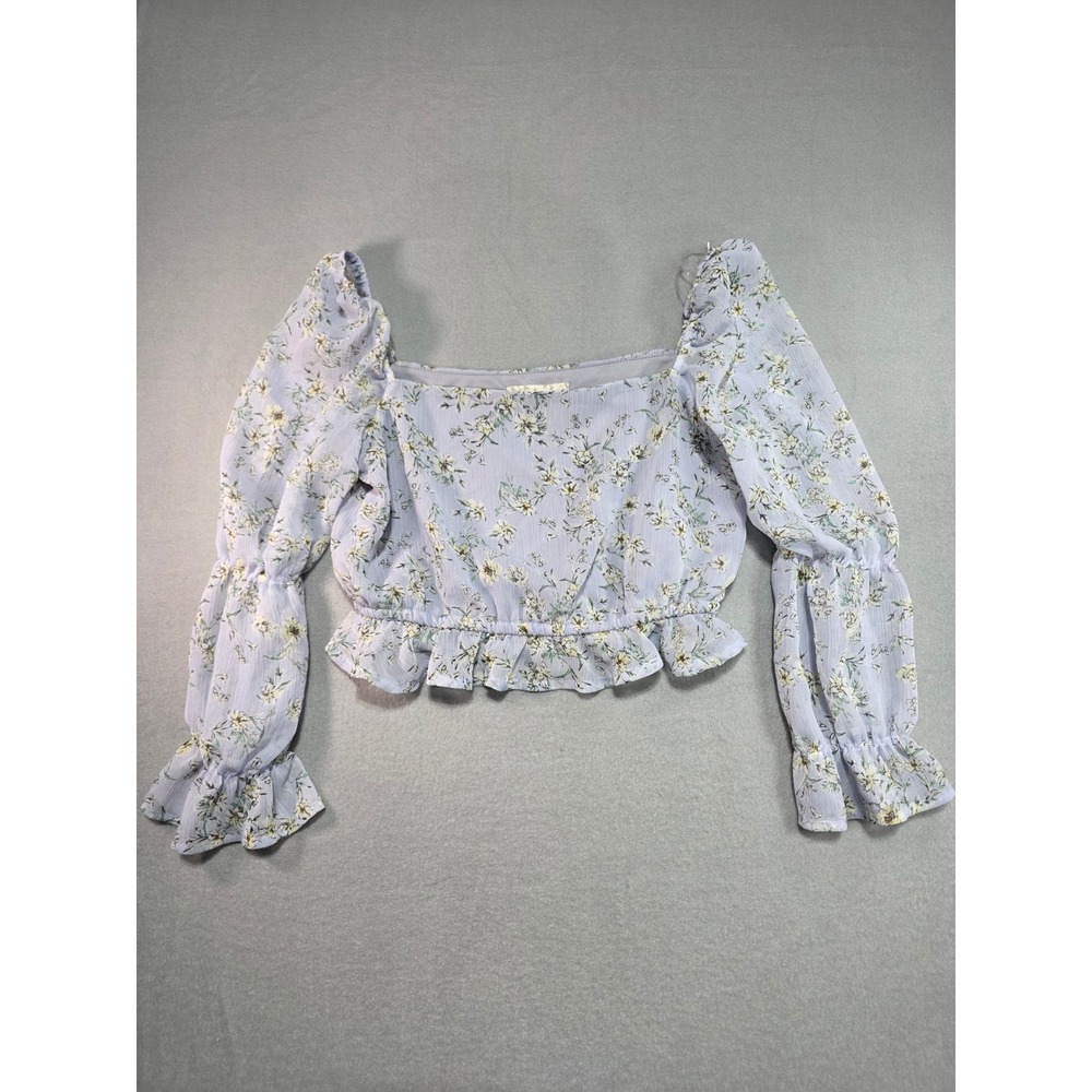 Endless Blu Floral Crop Top Lavender Blue Puff Sleeve Square Neck Ruffle Small